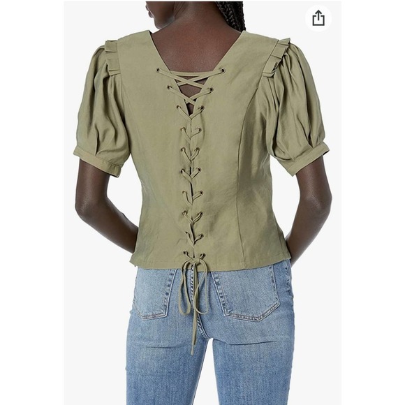 J.OA. Womens Open Back Lace Up Top with Short Puff Sleeves - Picture 2 of 7